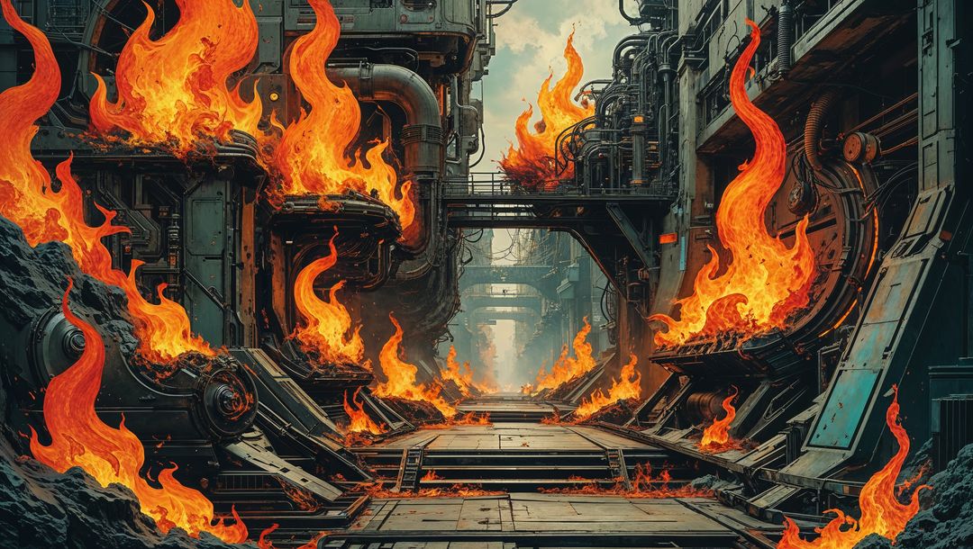 Industrial inferno with hell flames amidst machinery