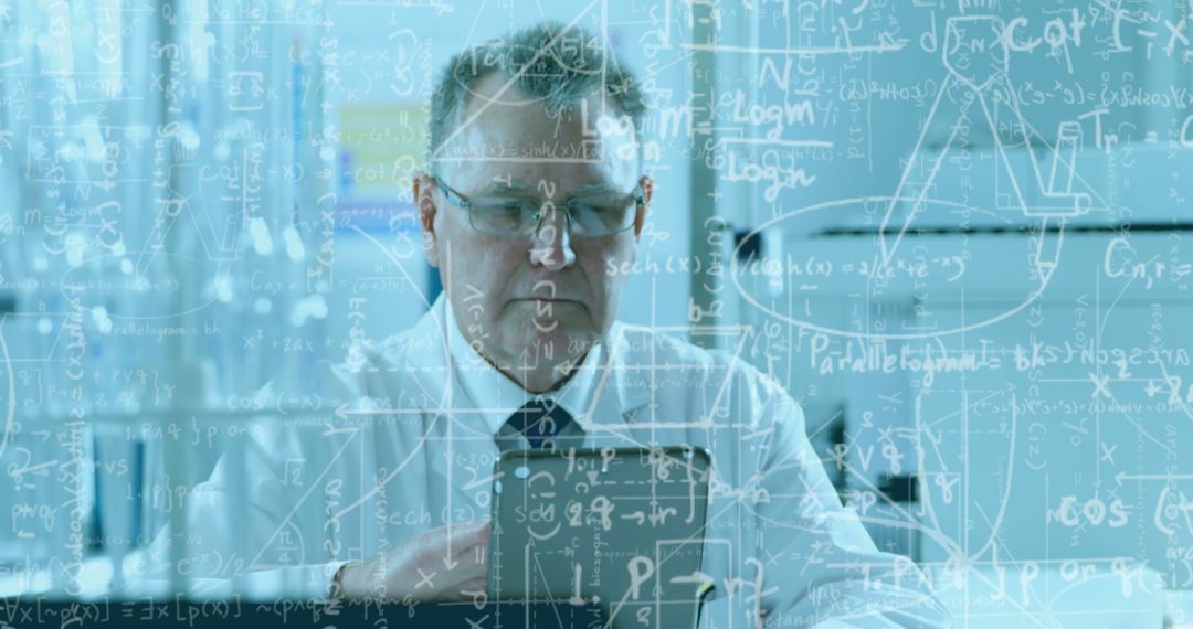 Male Scientist Analyzing Data with Mathematical Formulas Overlay