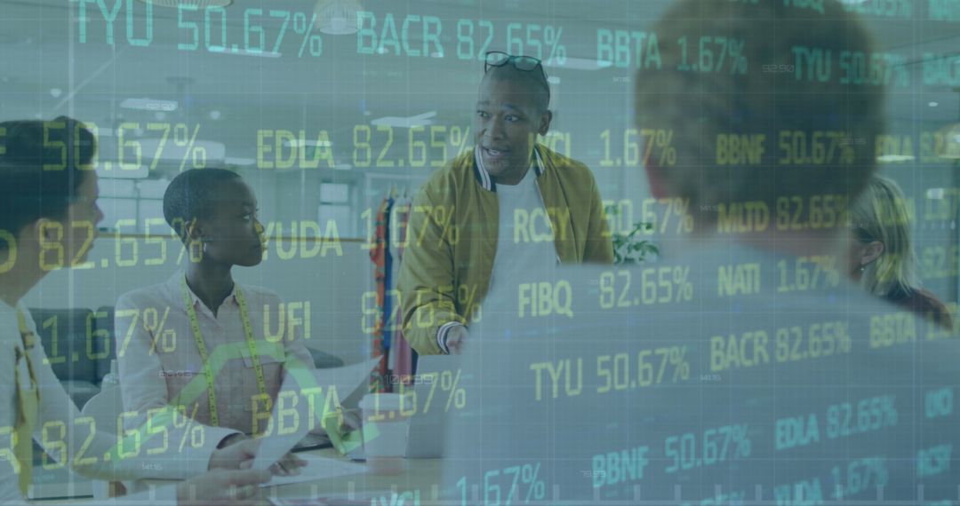 Diverse Team Collaborating with Stock Market Overlay