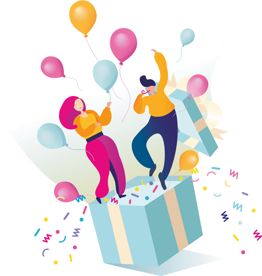 Transparent Dancing Couple Emerging From Gift Box with Balloons