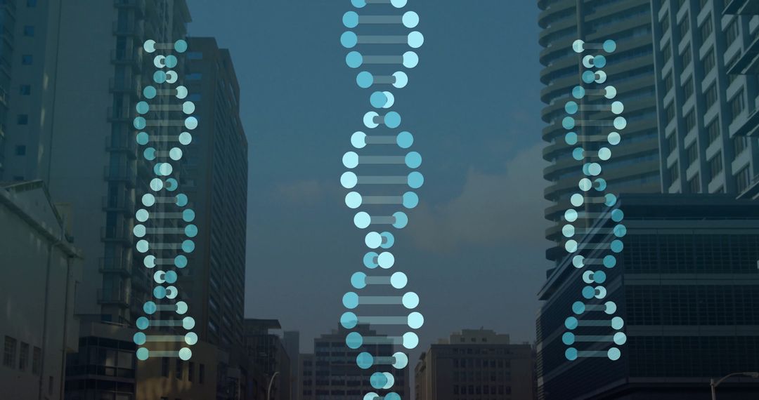 Digital DNA Helix Over Urban Strata