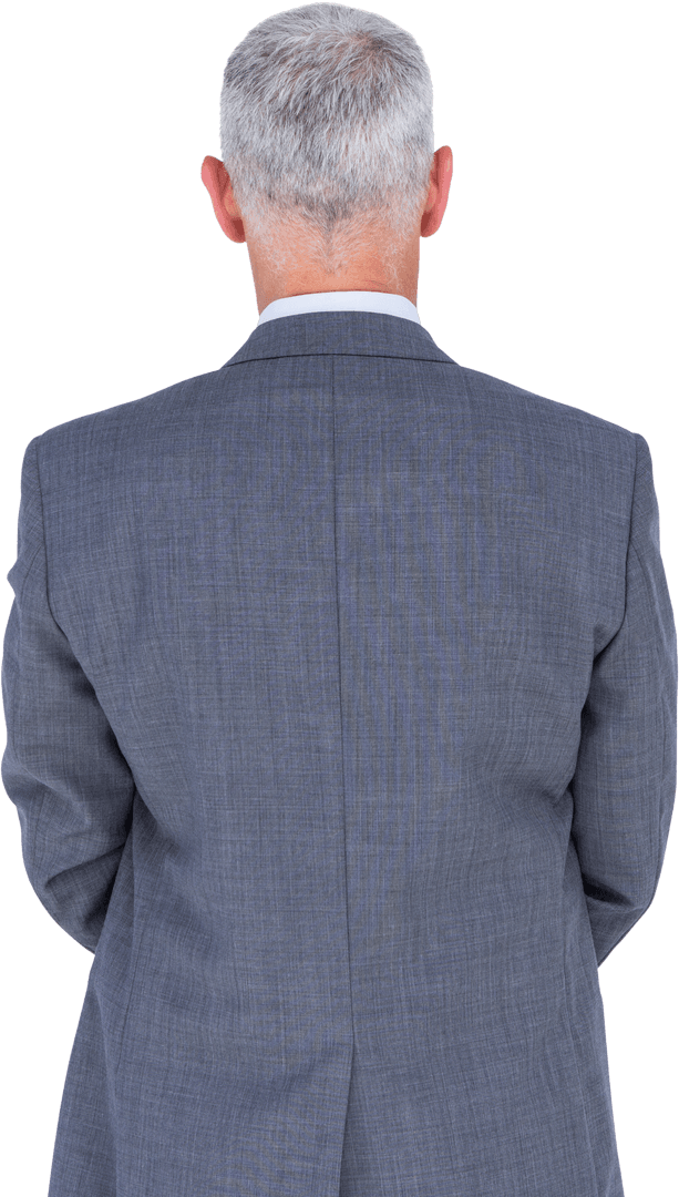 Rear View of Mature Businessman in Gray Suit on Transparent Background