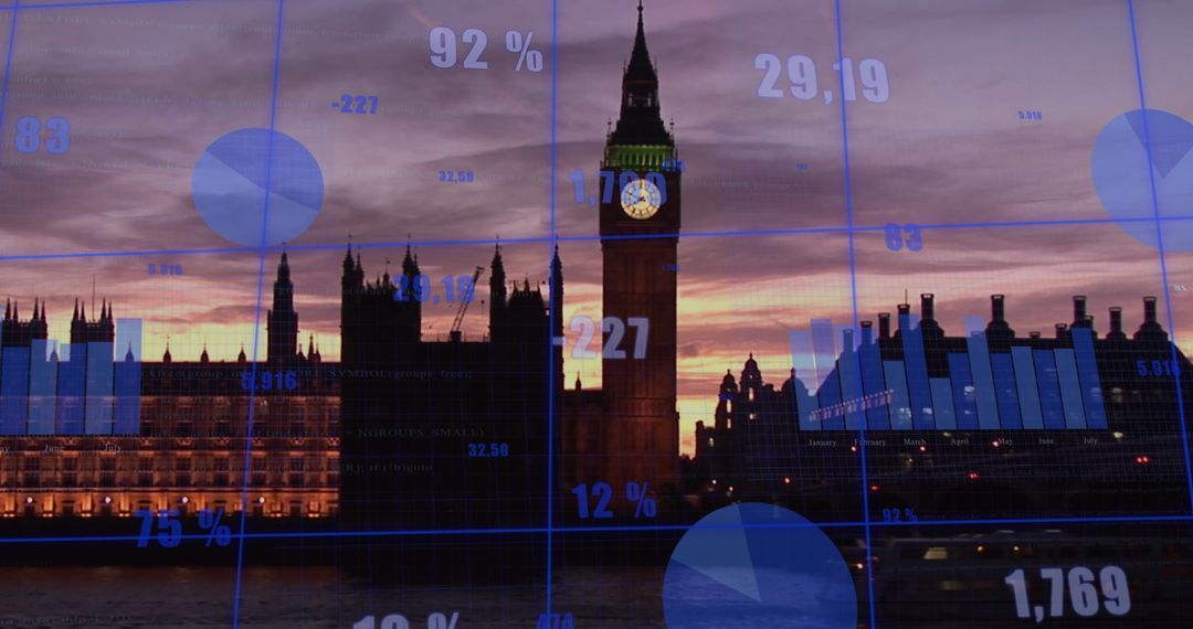 Digital Financial Data Overlays London Skyline with Big Ben