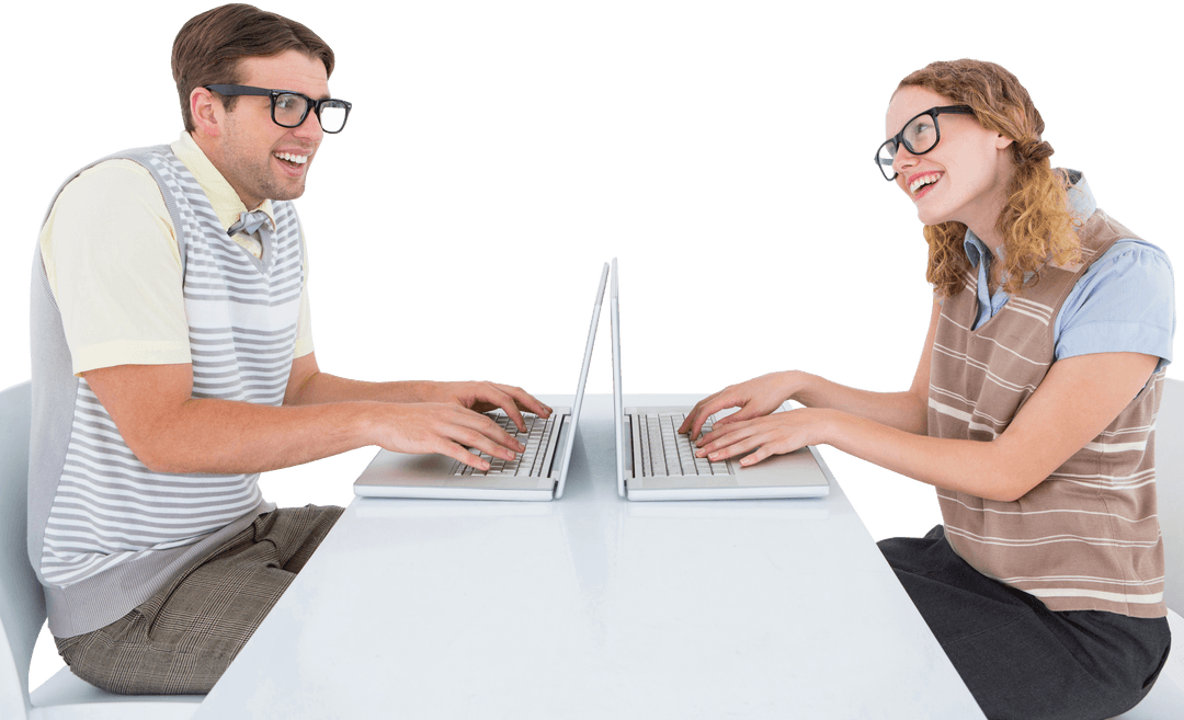 Transparent Geeky Couple Sharing Laughter While Using Laptops