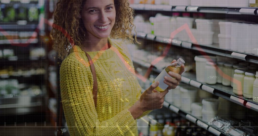 Woman Smiling While Grocery Shopping with Financial Data Overlay