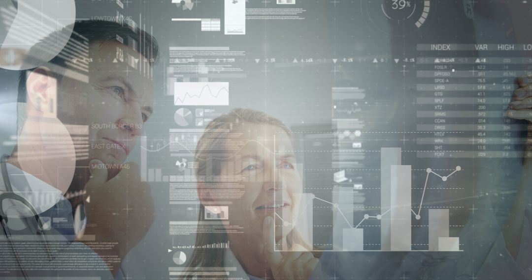 Medical Professionals Analyzing Financial Data and Graphs