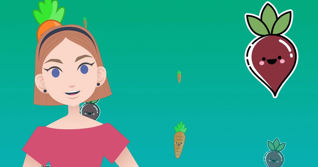 Woman Discussing with Iconic Cartoon Vegetables on Green Background