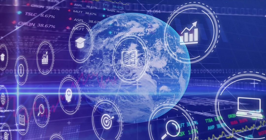 3D Globe with Holographic UI Icons and Global Financial Data Visualization