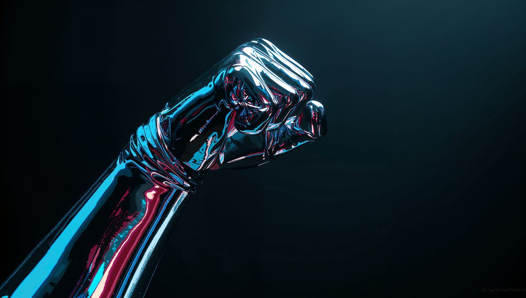 Shiny Metallic Robotic Fist with Neon Highlights, Futuristic Concept
