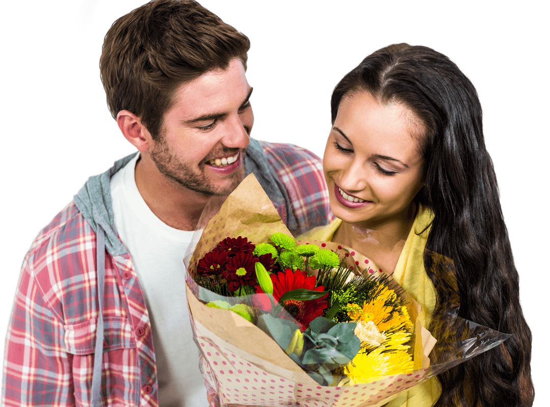Transparent Happy Couple Admiring Colorful Flower Bouquet