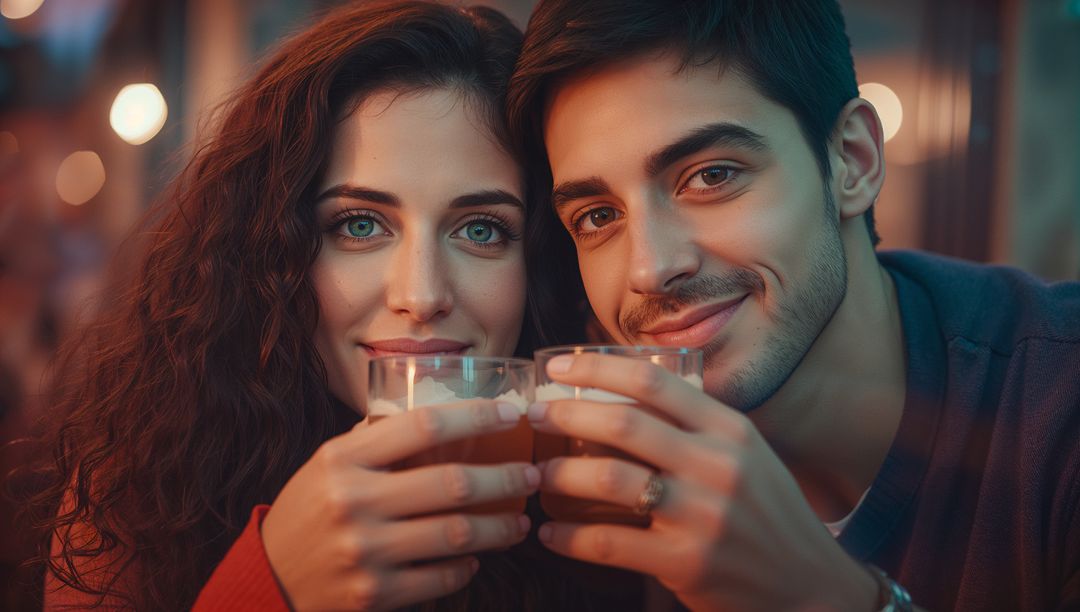 Couple Enjoying Drinks Together in Cozy Atmosphere