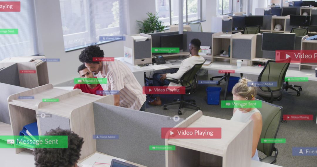 Busy Modern Office with Social Media Alerts Around Employees