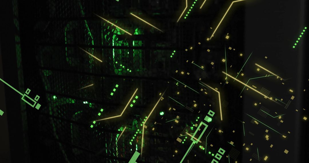 Futuristic Circuit Board Overlay on Computer Servers