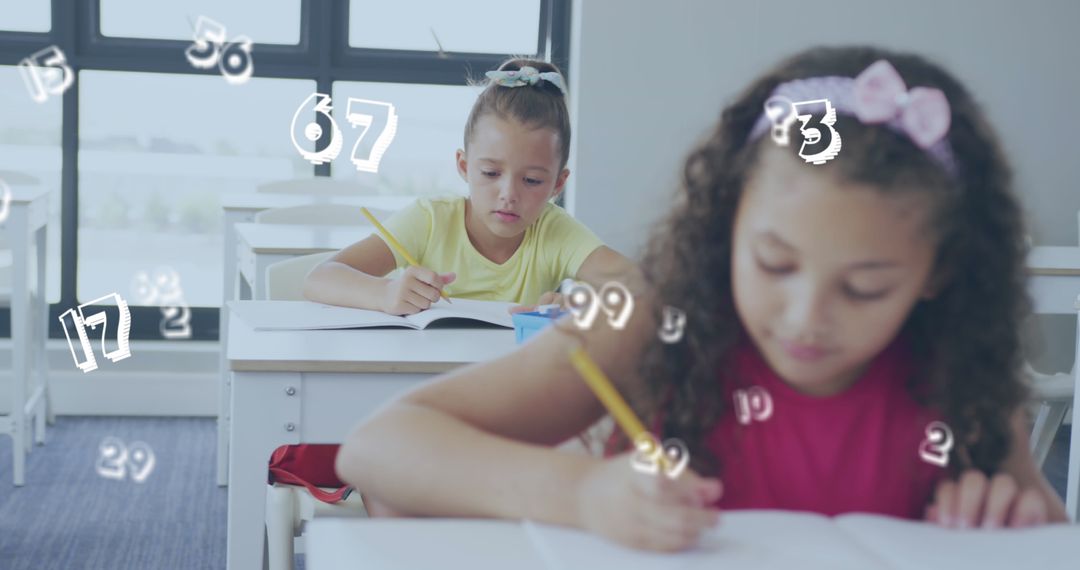 Diverse Schoolgirls Writing with Floating Numbers in Classroom