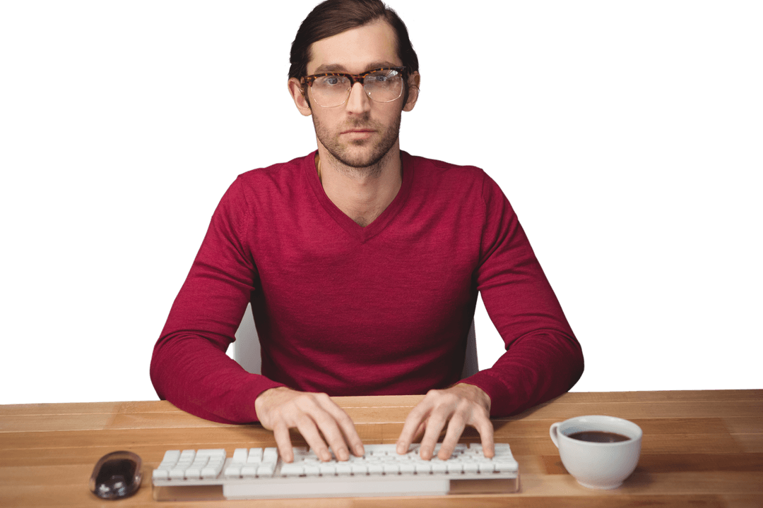 Transparent Serious Man in Office Typing with Coffee Mug