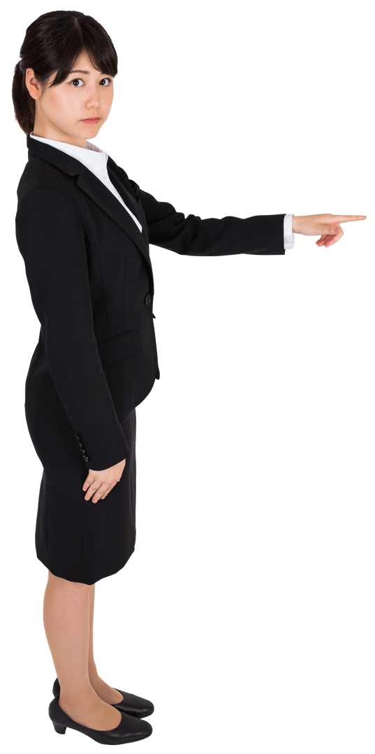 Businesswoman in Suit Pointing Finger on Transparent Background