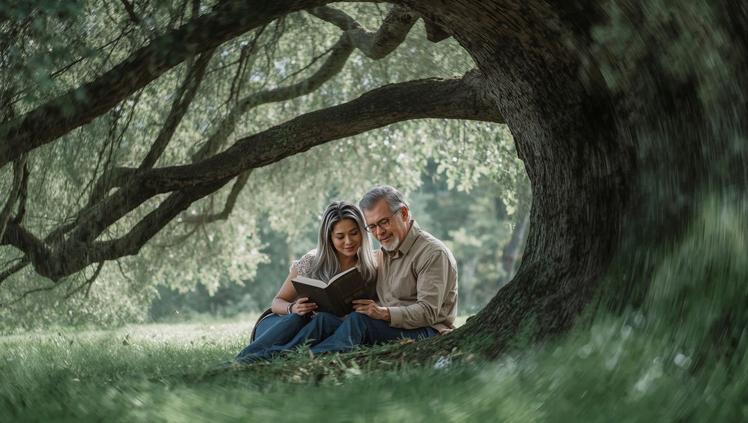 Intergenerational pair reading under gnarled tree canopy, serene meadow intimacy