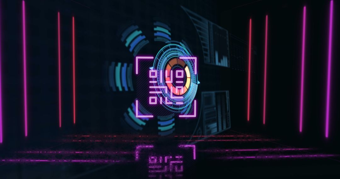 Futuristic Digital Interface with QR Code & Neon Lights