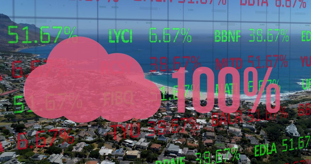 Financial Data Display Overlapping Cityscape and Ocean