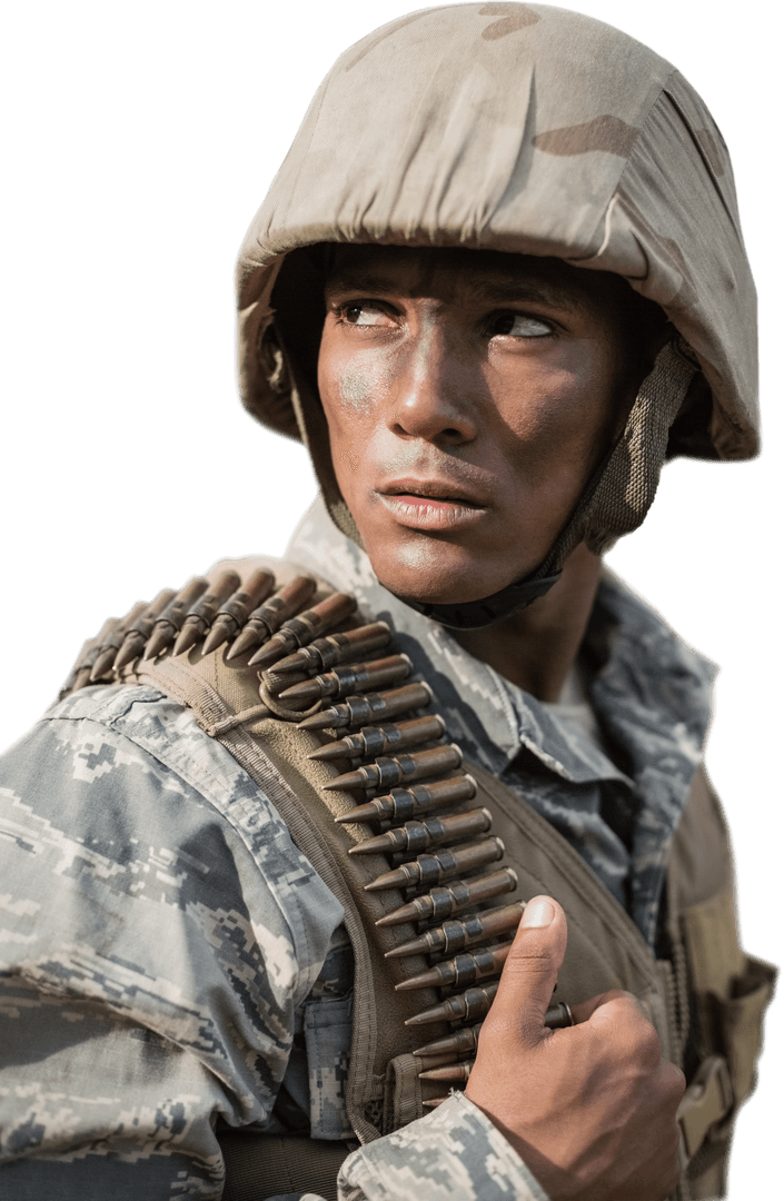 Focused Soldier with Bullet Belt on Transparent Background