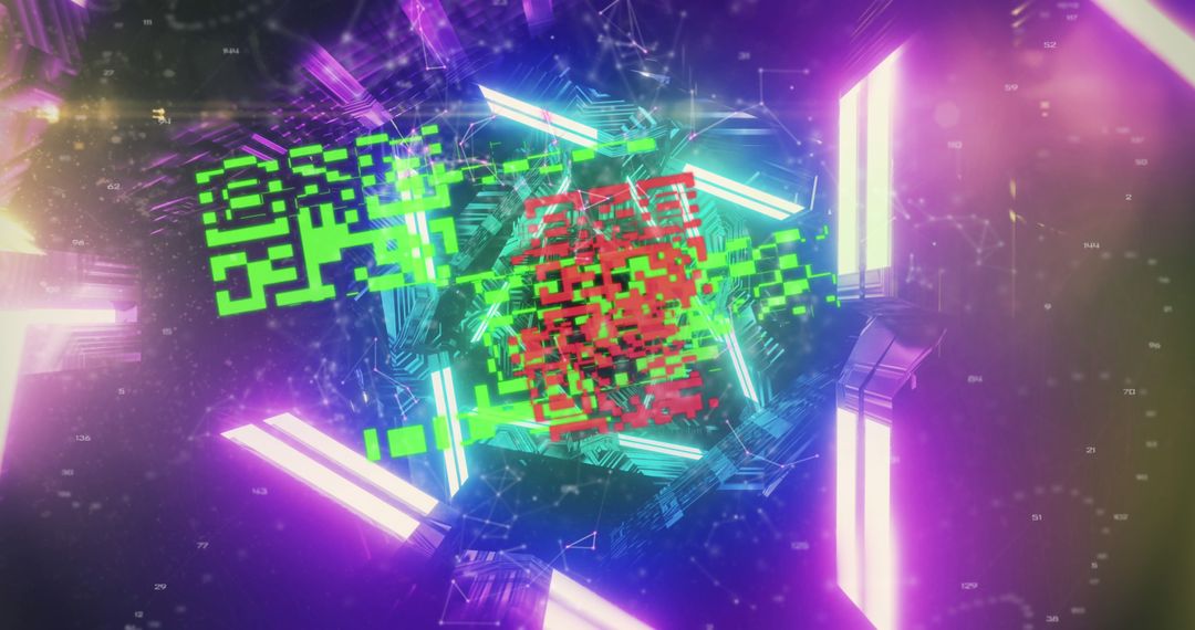 Digital QR Code Over Glowing Cyber Tunnel