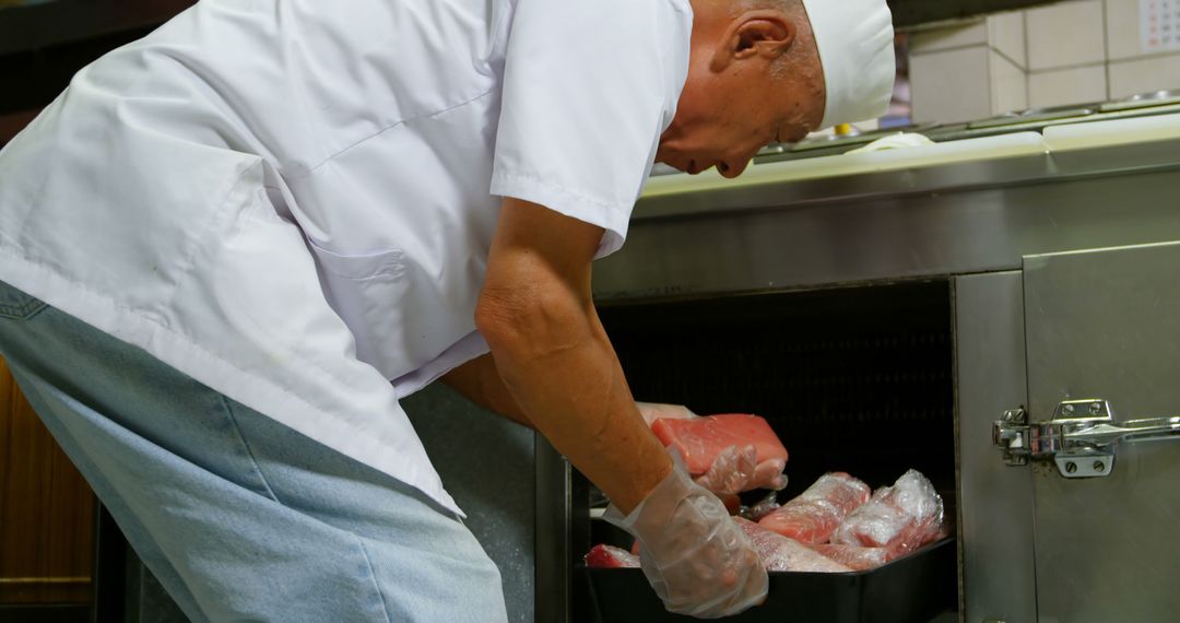 Senior Male Chef Storing Fresh Meat in Restaurant Kitchen - Free Images, Stock Photos and Pictures on Pikwizard.com