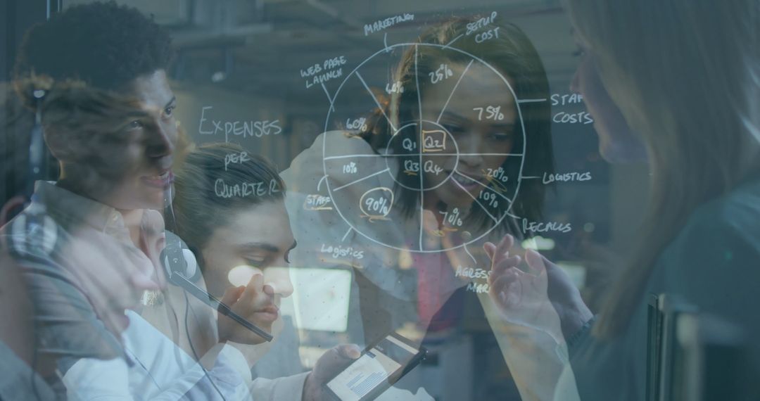 Multicultural Team Discussing Strategy with Glass Board and Technology