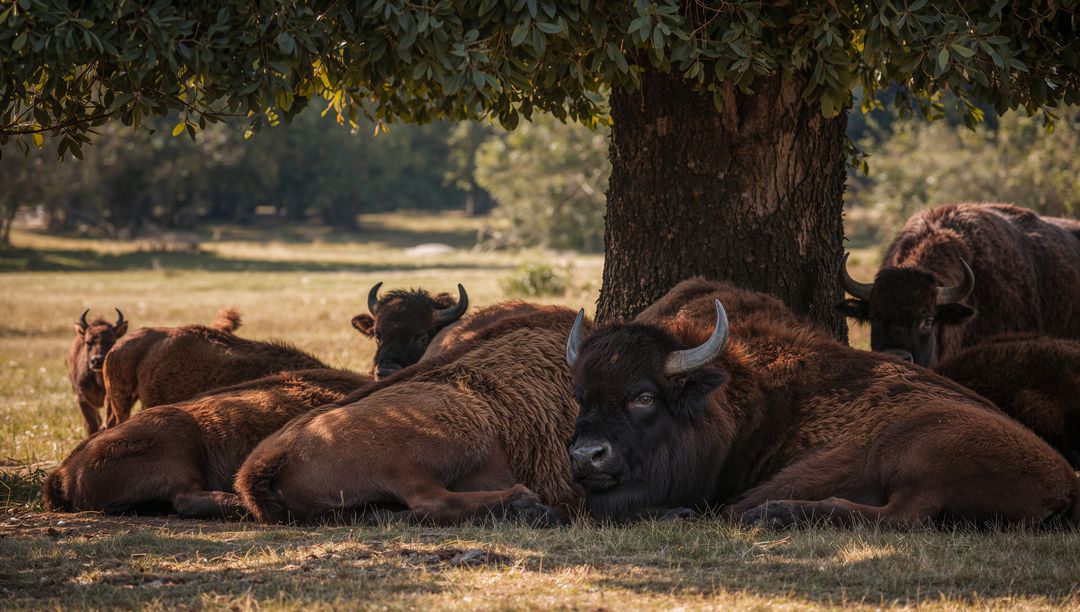 Resting American Bison Herd With Calf Under Broadleaf Shade in Sunlit Grassland Meadow