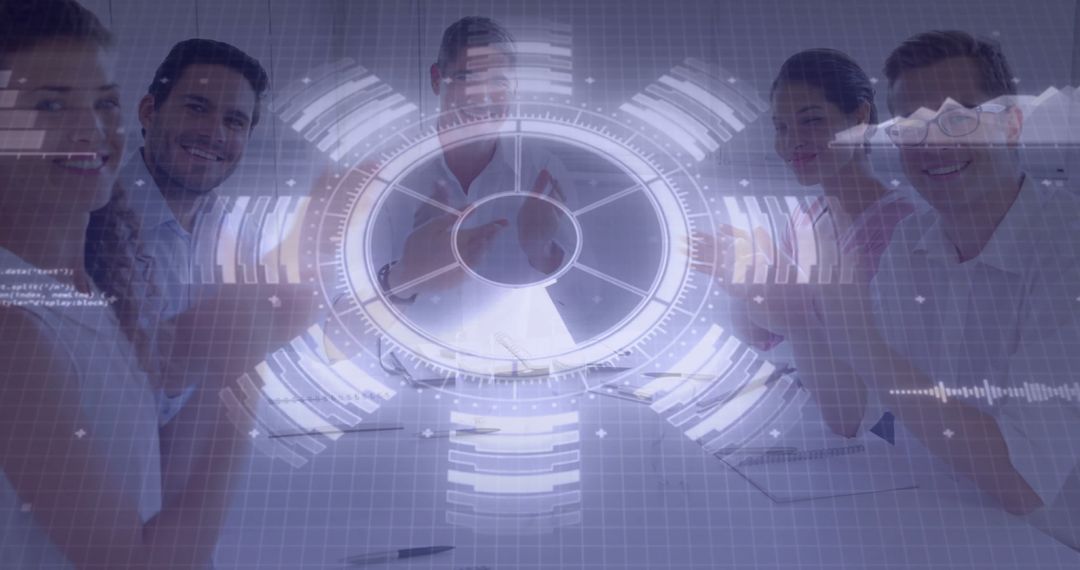 Diverse Team Analyzing Innovative Holographic Dashboard Interface