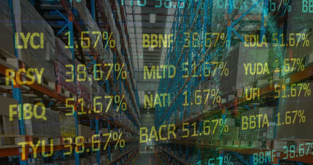 Financial Data Overlayed on Empty Warehouse Storage