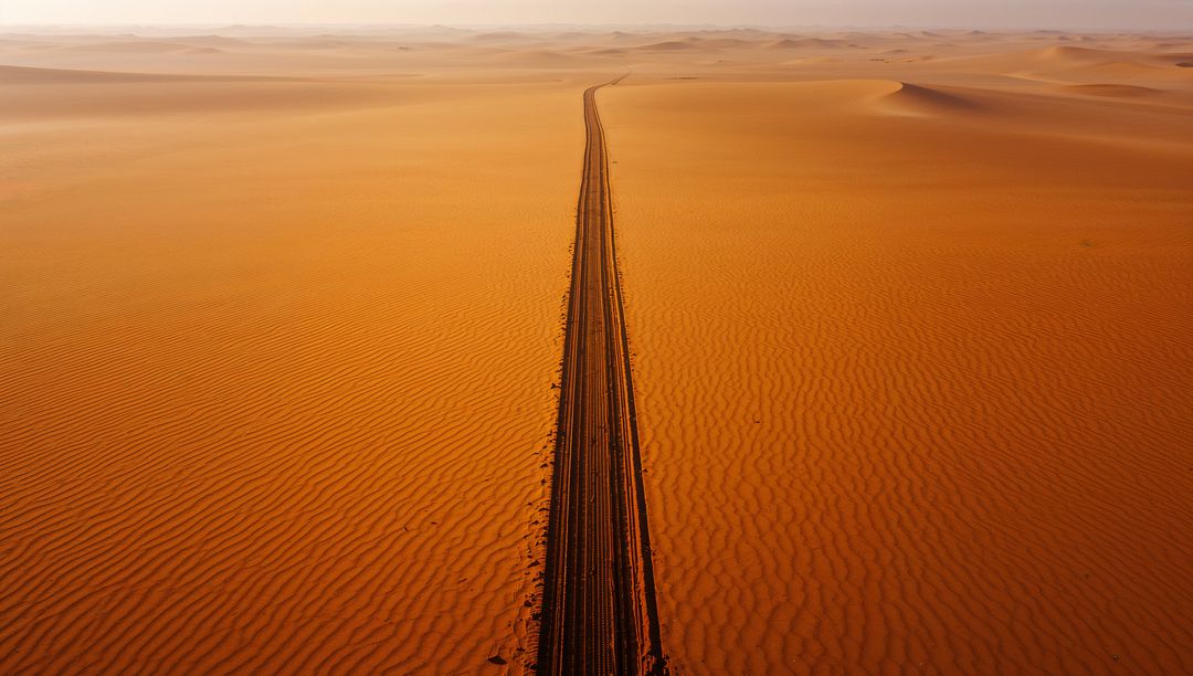 Narrow Path of Tire Tracks Cutting Through Endless Golden Desert