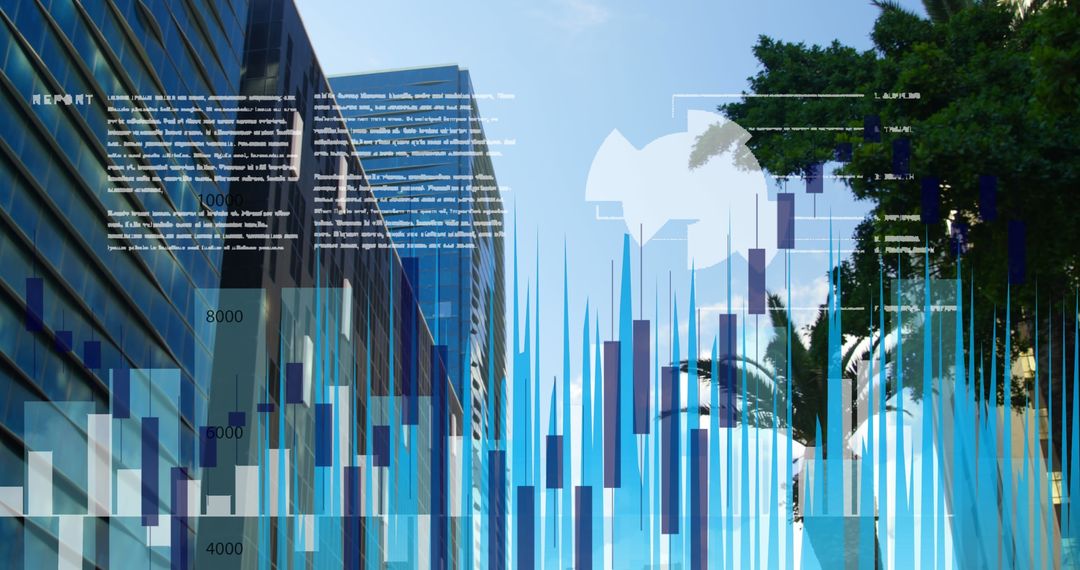 Financial Data Overlay on Urban Skyline with Technological Elements