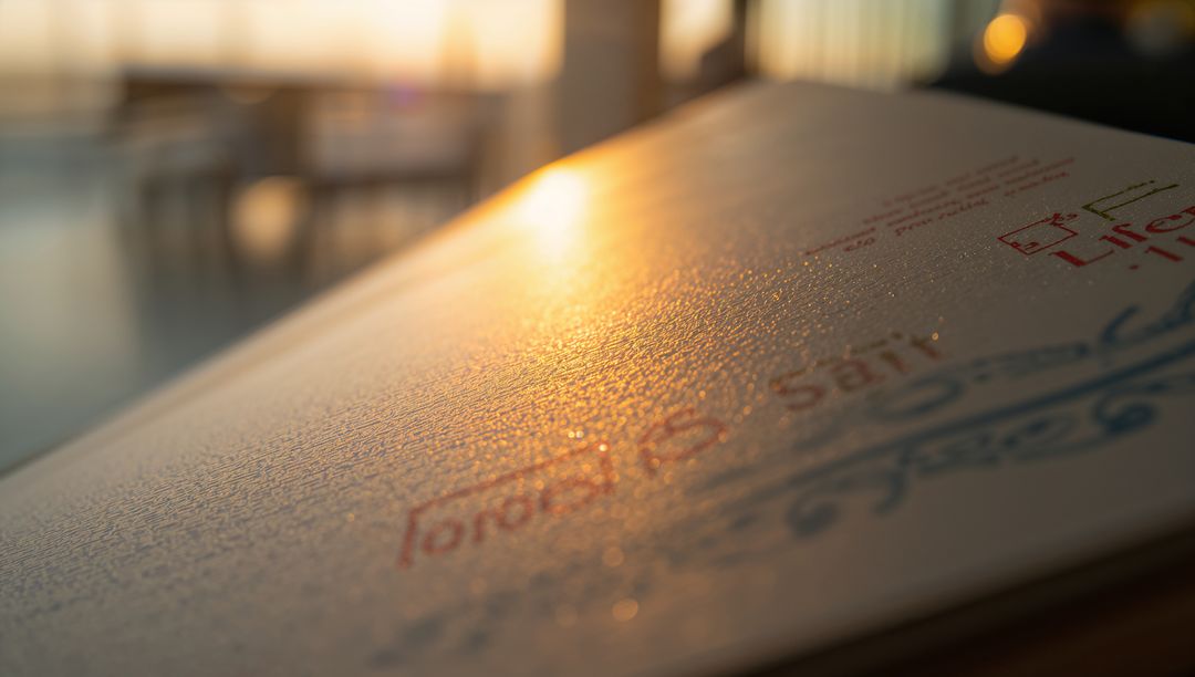 Warm sunlight on embossed notebook cover with blue flourish and bokeh glow