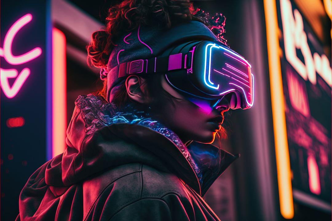 Biracial woman wearing vr headset in neon lit city street, created using generative ai technology - Free Images, Stock Photos and Pictures on Pikwizard.com