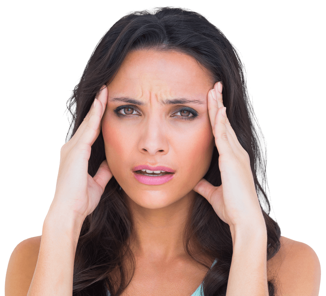 Transparent Brunette Woman Experiencing Headache Expression