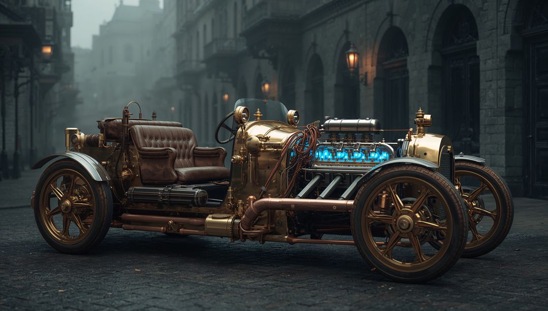 Steampunk Vintage Car with Glowing Engine on Cobblestone Street