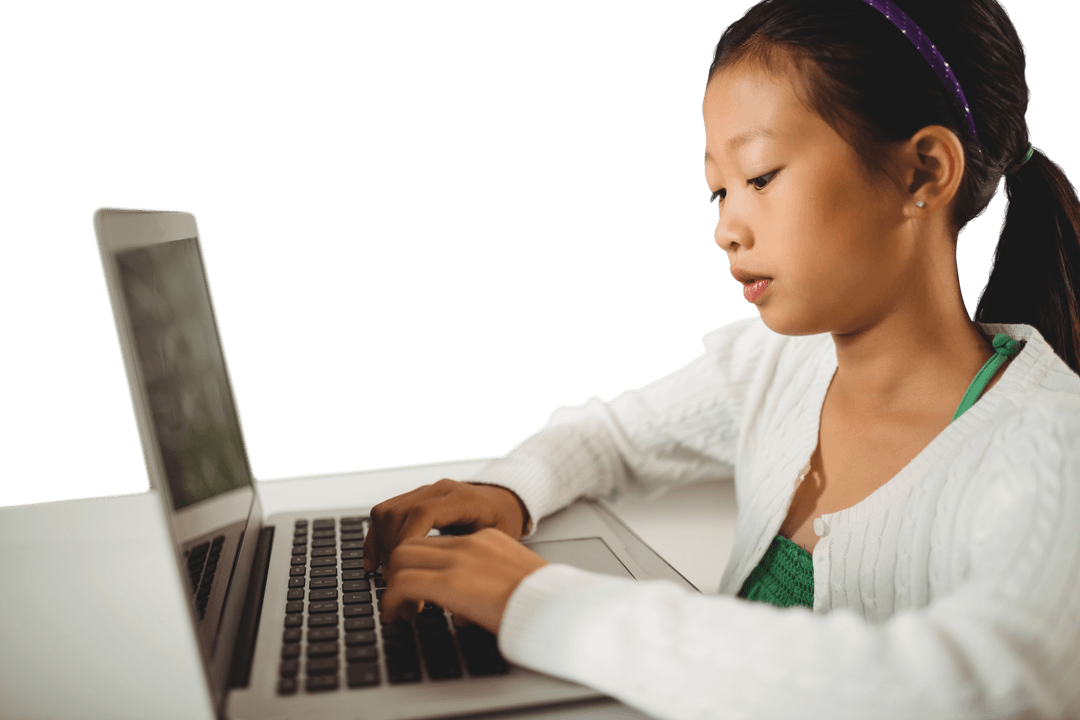 Focused Young Girl Typing on a Laptop with Transparent Background
