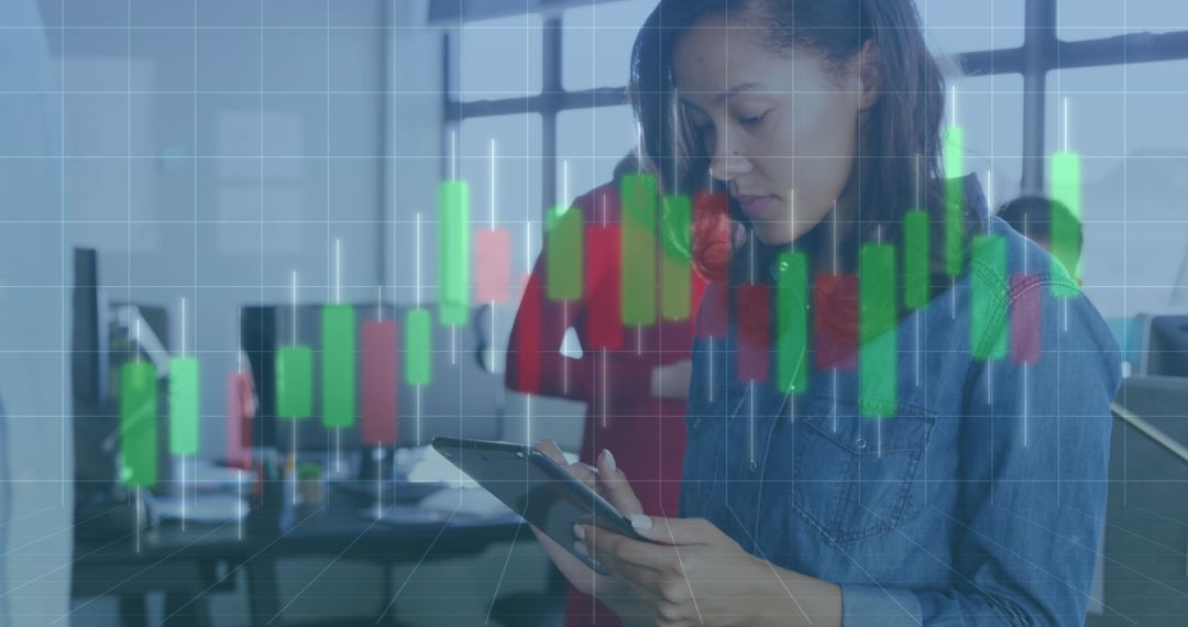 Businesswoman Analyzing Data with Tablet, Stock Market Graphics Overlay