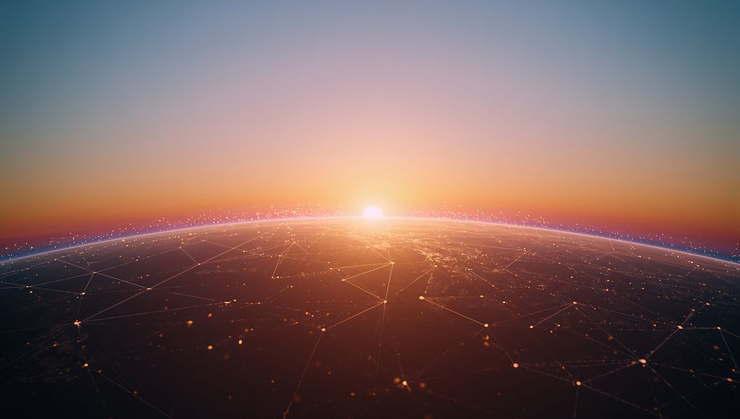 Global Connectivity Sunrise over Curved Earth with Network Mesh and City Lights at Dawn