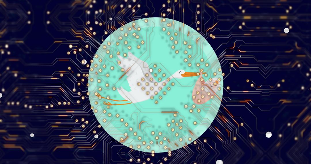 Stork Delivering Baby Over Digital Circuit Background