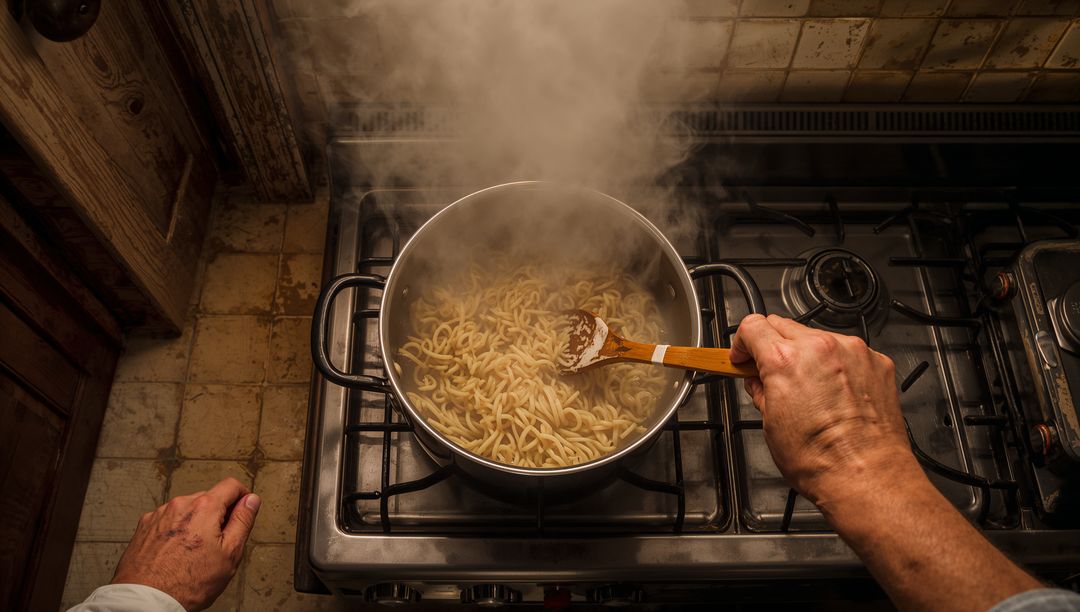 Stirring Boiling Noodles in Rustic Kitchen with Chef Attire