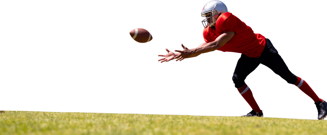 Dynamic Rugby Player Catching Ball on Transparent Background