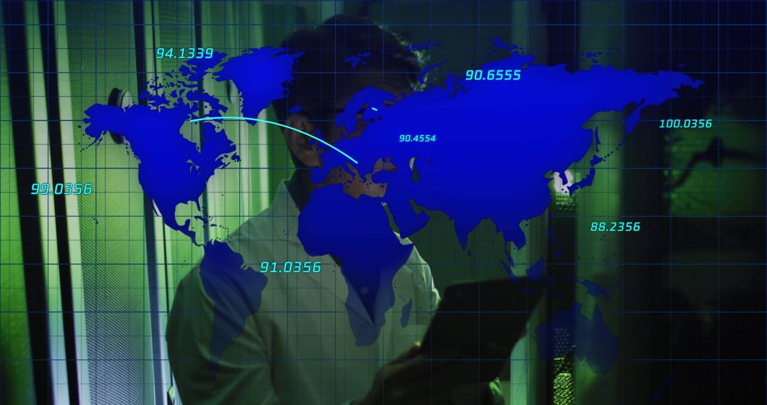 Global Digital Interface Over Worker in High-Tech Server Room