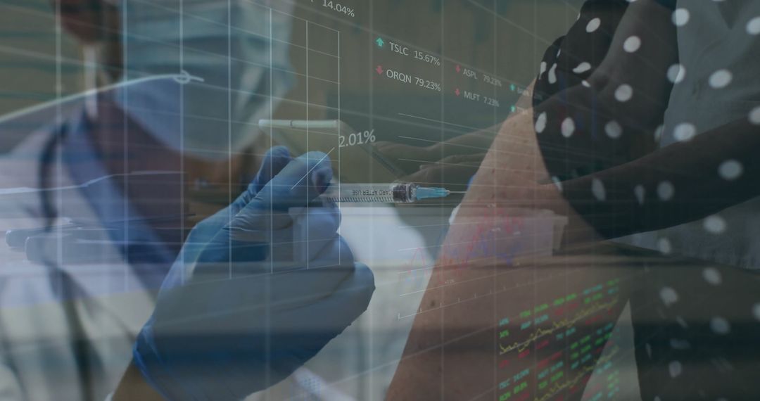 Healthcare Worker Administering Vaccine with Data Overlay