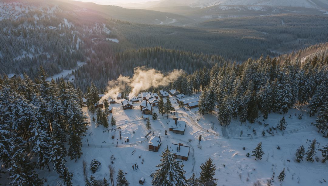 Sunrise Over Snowy Mountain Village with Smoking Chimneys and Forested Aerial Panorama