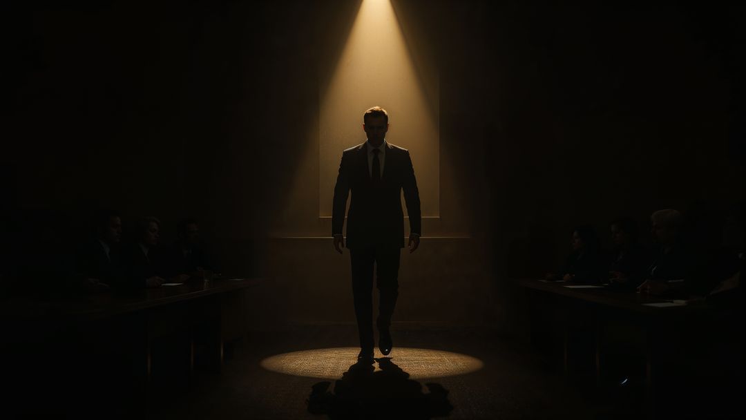 Dramatic prosecutor leadership in formal boardroom presentation