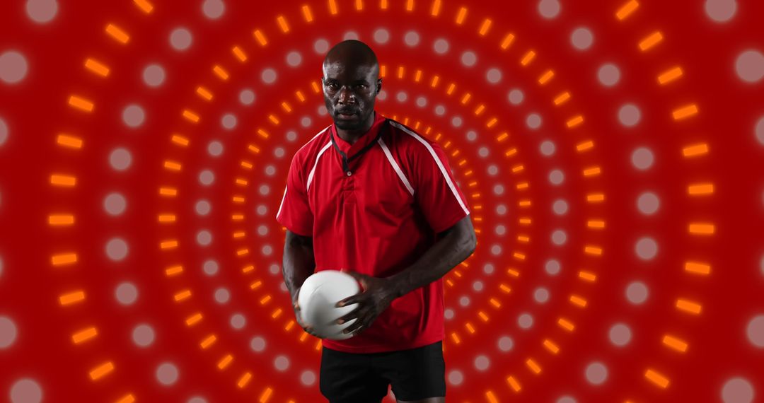 American Football Player Holding Ball with Dynamic Background