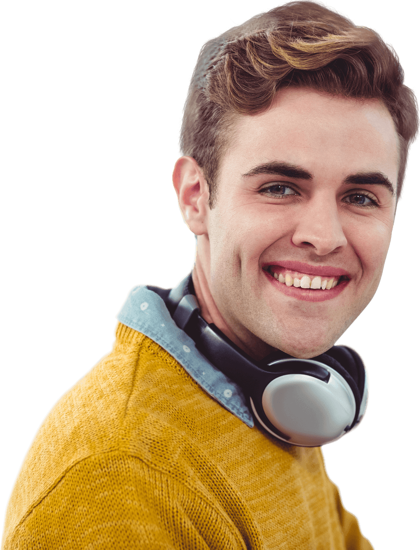 Youthful Caucasian Man Smiling with Headphones on Transparent Background