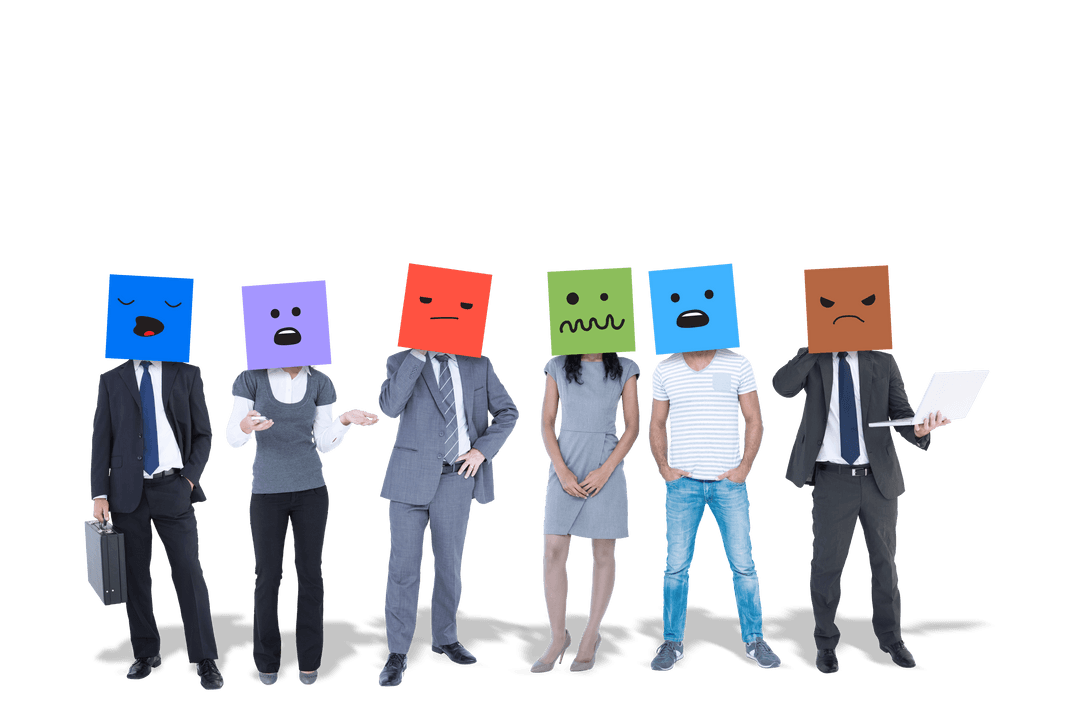 Business Colleagues Wearing Expressive Blocks on Transparent