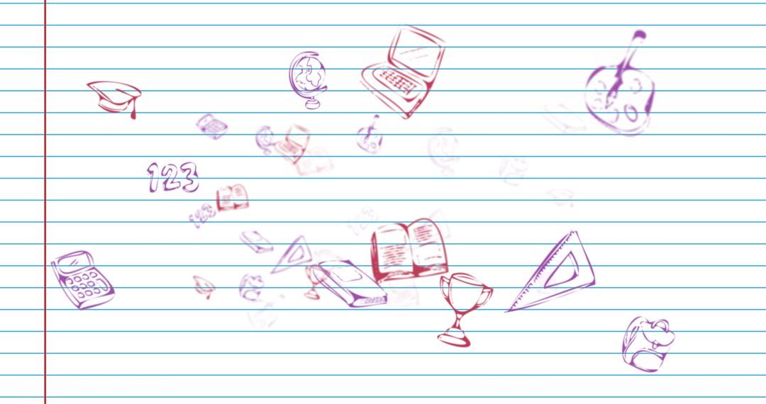 Floating School Supplies on Lined Notebook Background